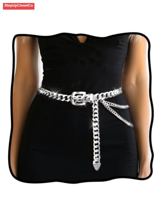 Accessories - Women's Chunky Metal Waist Chain Belt, Adjustable Link Chain for Dresses,